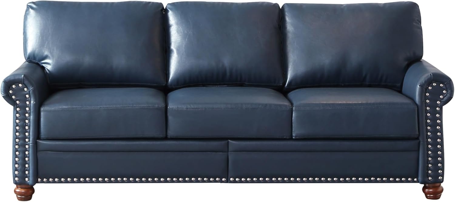 3 Seater Leather Deep Seat Sofa with Storage Box Navy Blue Solid Classic Modern Contemporary Nailheads Removable Cushions