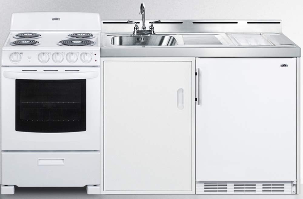 Summit Appliance ACK72COILW 72" Wide All-in-One Kitchenette with 220V 4-Element Electric Coil Range, Refrigerator-Freezer, Sink, Cutting Board and Cutlery Storage, and a Storage Cabinet