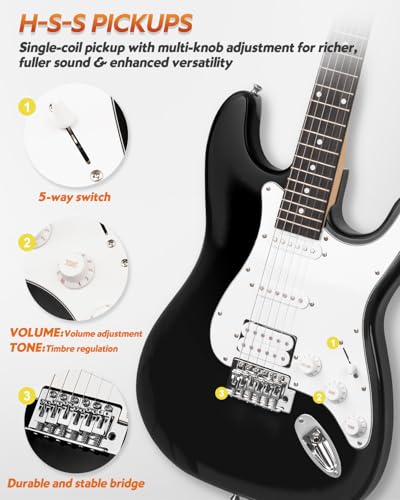 STRICH Electric Guitar Beginner Kit, Solid Body 39" Full Size Electric Guitar HSS Pick Up for Starter, with 10W Amp, Bag, Digital Tuner, Capo, Strap, String,Cable, Picks, SST-S20 Sunburst