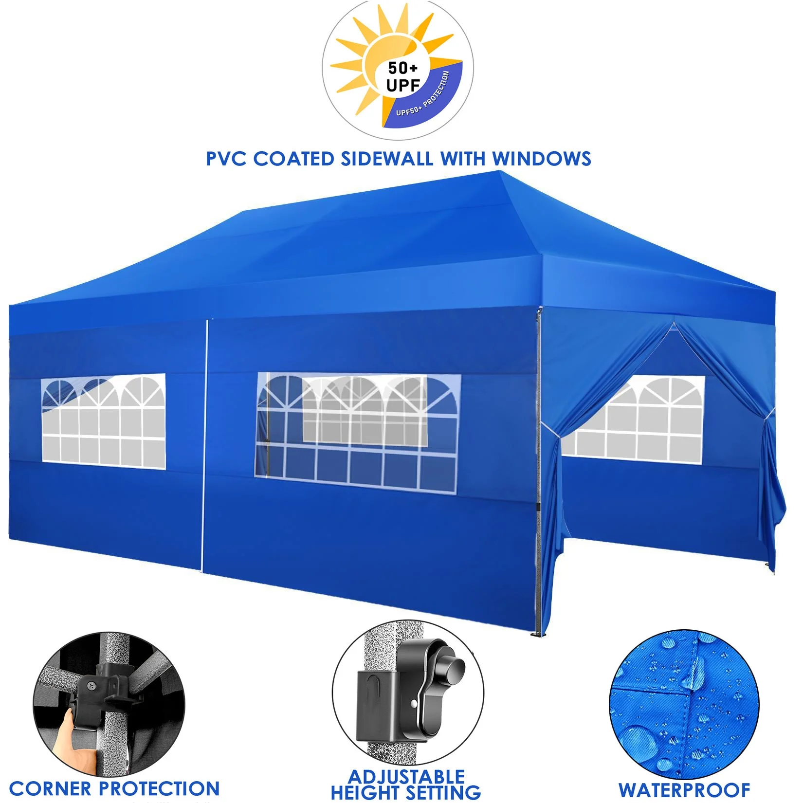 COBIZI 10'x20' Canopy Heavy Duty Pop Up Canopy Tent Outdoor Gazebo Shelter Portable Instant Commercial Tent with 6 Removable Sidewalls&3 Heigh Adjustable&Roller Bag, Blue