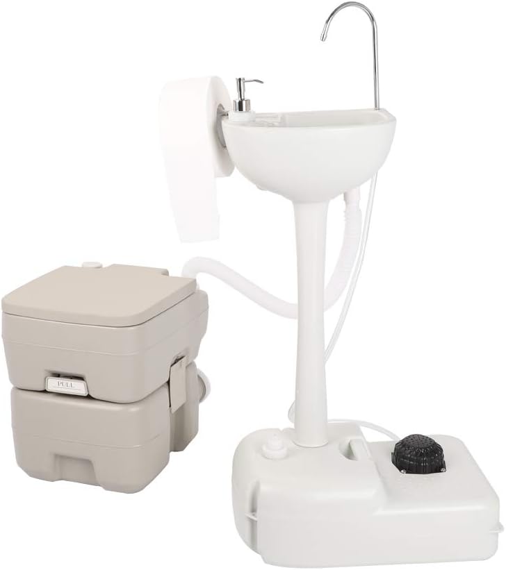 Upgraded Portable Sink and Toilet Combo| Self-contained 5 Gal Hand Washing Station & 5 Gal Flushing Toilet, Perfect for Camping/RV/Boat/Road Tripper/Camper, Detachable & Lightweight Removable, Compact
