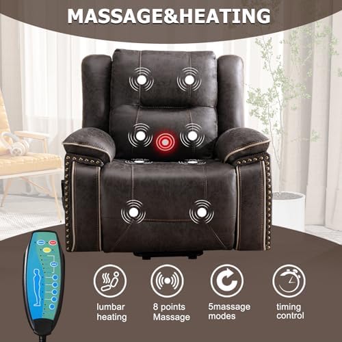 Phoenix Home Dual Motor Power Lift Chair for Elderly, Lift Chairs with Massage and Heat, Leather Electric Chairs for Adults, Recliner Chair with USB, 2 Concealed Cup Holders, Brown