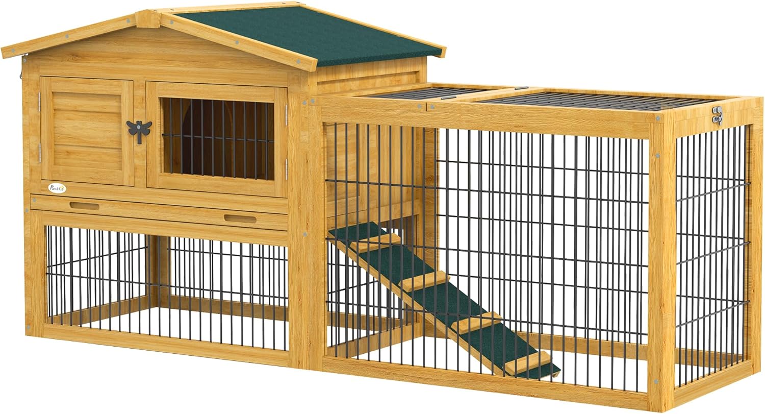 2 Levels Outdoor Rabbit Hutch with Openable Top, 59" Wooden Large Rabbit Cage with Run Weatherproof Roof, Removable Tray, Ramp, Yellow