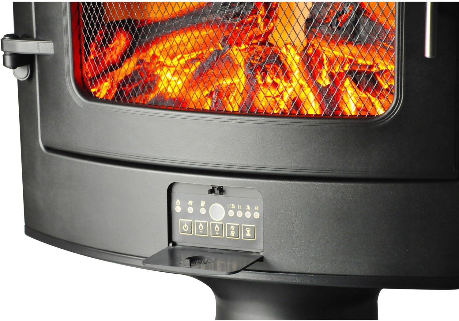 Hanover Fireside 1500W Black Steel Freestanding Electric Fireplace with Log Display and Realistic Flames, Modern Portable Fireplace Heater for Home Living, Basement and Office with Remote Control