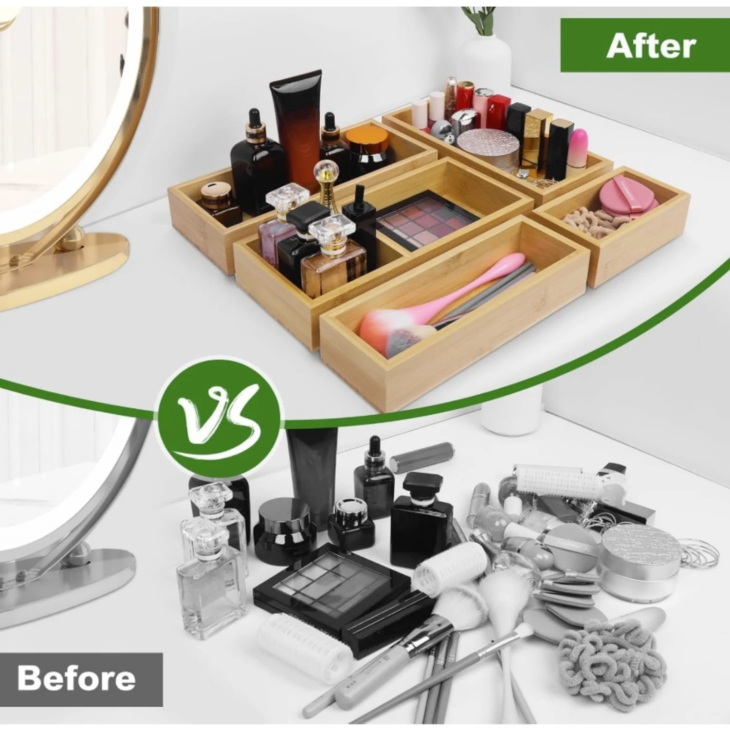 Bamboo Drawer Organizer Set, 5 PCS Multi-Use Individual Wood Storage Organizers, Junk Drawer Divider and Storage Trays Containers for Kitchen, Bathroom, Office Desk, Makeup, Jewelry, Utensils