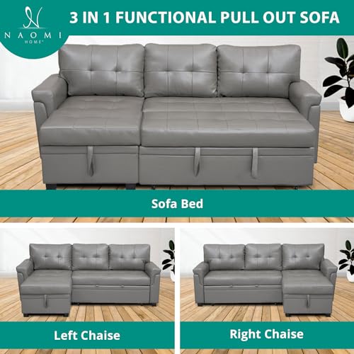 Naomi Home Jenny Sectional Sofa Sleeper with Storage Chaise, Tufted Pull Out Couch with Storage, L-Shaped Reversible Sleeper Sofa with Storage, Black,Air Leather