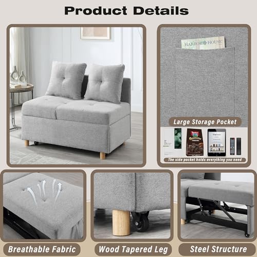 Pull Out Sleeper Sofa Bed Chair 4-in-1 Convertible Chair Bed, Linen Fabric loveseat Sofa with 2 Throw Pillow, Single Recliner for Small Space with 5 Adjustable Backrest, (Light Gray)