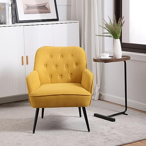Linen Accent Chairs, Button-Tufted Bedroom Chair Mid Century Modern Armchairs with Black Metal Legs Upholstered Accent Chair Living Room Chairs, Orange