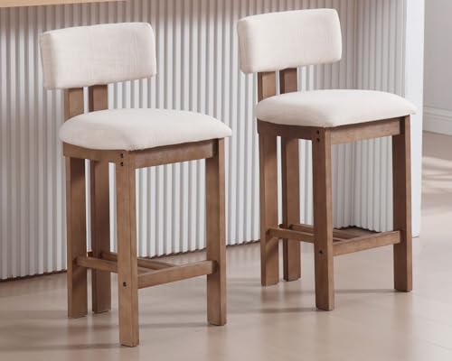 26’’ Tall Farmhouse Kitchen Bar Stools Set of 4, Modern Counter Stools with Backs Beige Linen Upholstered Bar Height Chairs with Hardwood Frame, Counter Height Island Wood Barstools for Kitchen Island