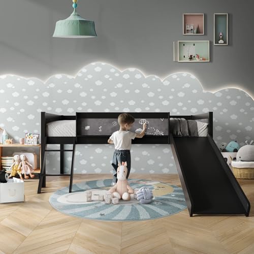 Low Loft Bed with Slide, Climbing Ladder, Chalkboard, Wood Twin Loft Bed Frame with Guardrail for Kids Toddler Boys Girls, Antique Gray