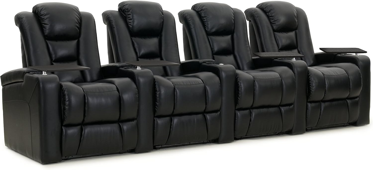 Octane Seating Mega XL950 Home Theater Seats - Black Bonded Leather - Power Recline - Row of 4