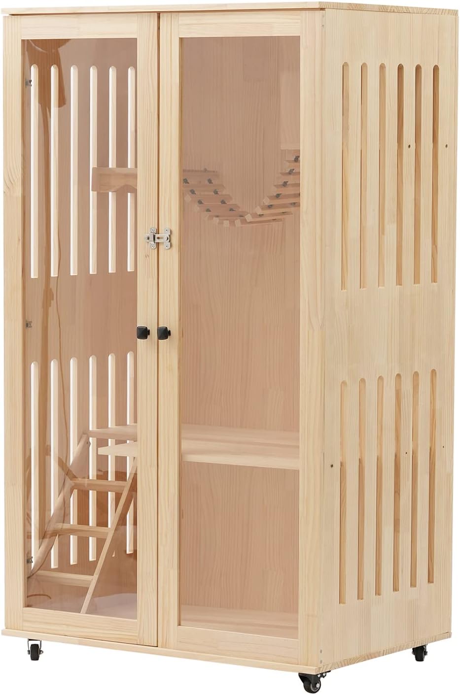 Wooden Cat Cages & Playpens | Indoor/Outdoor Large Catio Enclosure Crate for Multiple Cats | Outdoor Cat House with LED Light & 4 Universal Wheels (150CM)