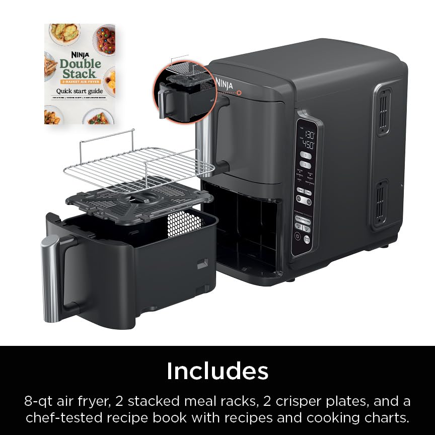 Ninja Air Fryer, 8 QT DoubleStack 2-Basket, Space Saving Design, Cooks 2lb Chicken Wings, Feeds up to 6 People, 6-in1 Air Fryer, Roast, Bake & More, Easy to Clean, Dishwasher Safe Parts, Black, SL201