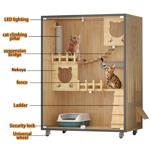 HUATOL Wooden Large Indoor Cat Enclosure, Indoor/Outdoor Cat Cage Large Space with Wheels, Multi-Feature Enclosed Cat Condo for Indoor Cats Ventilation Glass Doors, 50" X 36" X 24"
