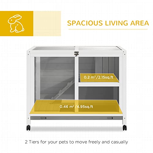 PawHut Indoor Rabbit Hutch with Wheels, Desk and Side Table Sized, Wood Rabbit Cage, Waterproof Small Rabbit Cage, Natural