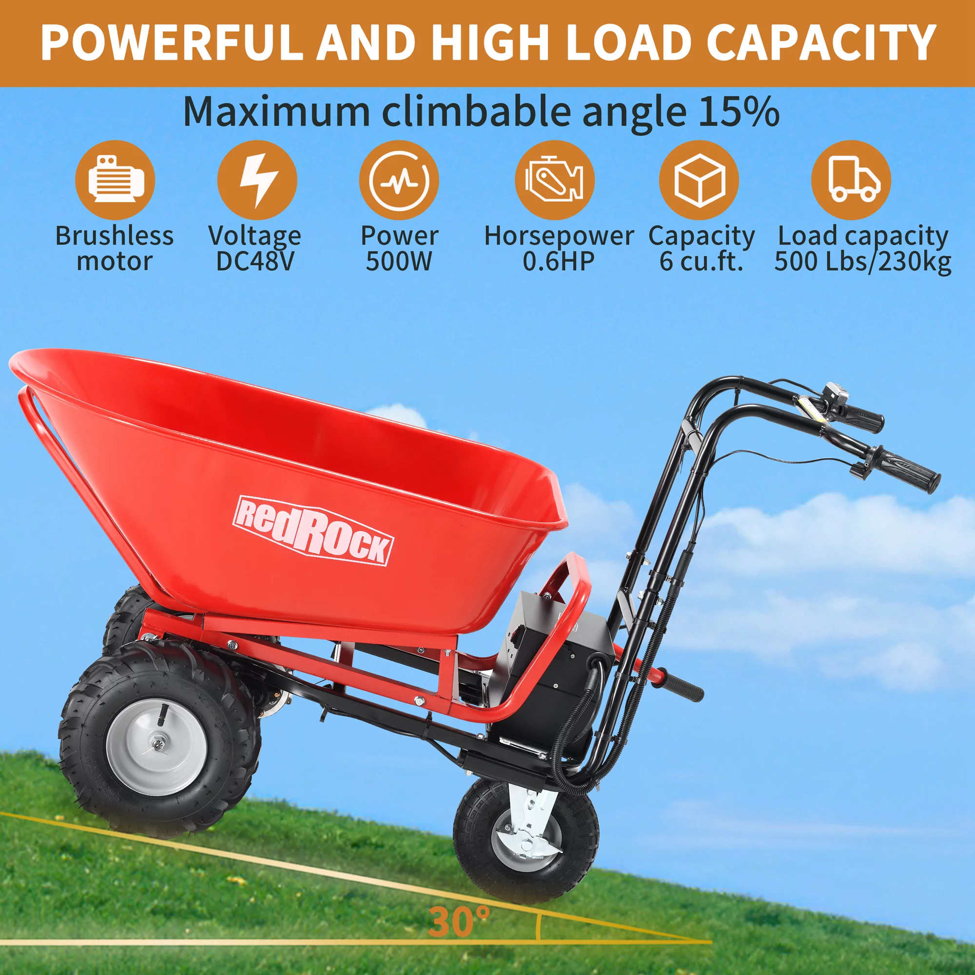 RedRock Electric Wheelbarrow Utility Cart - 48V28Ah 500W, 500lbs Capacity, Steel Construction, 1000lbs Towing, Ideal for Garden and Construction Work
