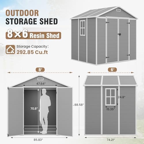 Outdoor Storage Shed, 6x6 FT Resin Shed with Floor and Lockable Door, Window, Vents, Tool Sheds and Outdoor Storage for Bike, Garden Accessories, Tools, Waterproof (Grey & White)