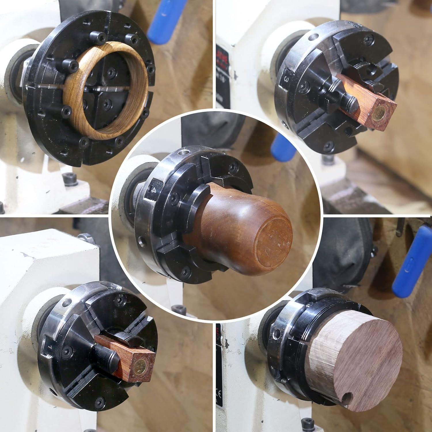 FJL FORCE Lathe Chuck Sets 4 Inch, Wood Lathe Chuck 5 Interchangeable 4-Jaw Wood Turning Lathe Nickel Plated Chuck, 1"x8Tpi Thread & 3/4"x16Tpi Adapter(Chuck Set)
