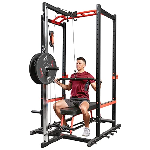 Sunny Health & Fitness Power Zone Half Rack Heavy Duty Performance Power Cage with J-Hooks, Adjustable Pull Up Bar Optional Bench with Dumbbell Rack, Premium Incline Bench, LAT Pull Down Attachment