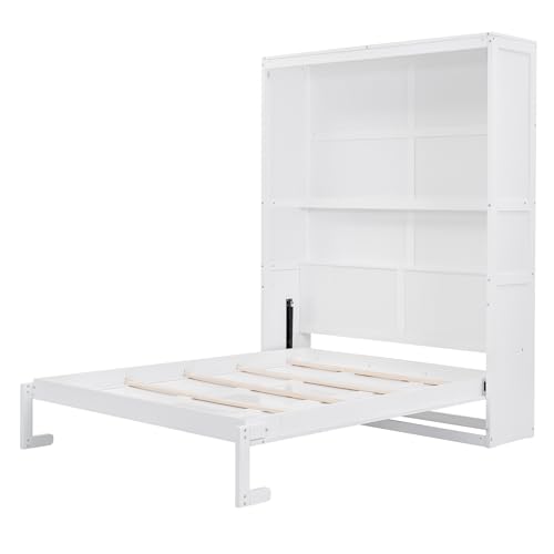 Queen Size Murphy Bed Wall Bed with Shelves, Modern Wall Bed with Shelves, Queen Size Wood Murphy Bed Cabinet Bed, Murphy Bed Chest Murphy Bed Frame, Horizontal Murphy Bed for Guest Bedroom, Grey