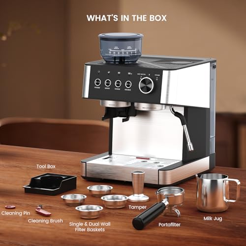 Espresso Machine with Grinder, 20 Bar Expresso Coffee Machines with Milk Frother Steam Wand, Professional Espresso Maker with Removable Water Tank, Cappuccino & Latte Machine for Home