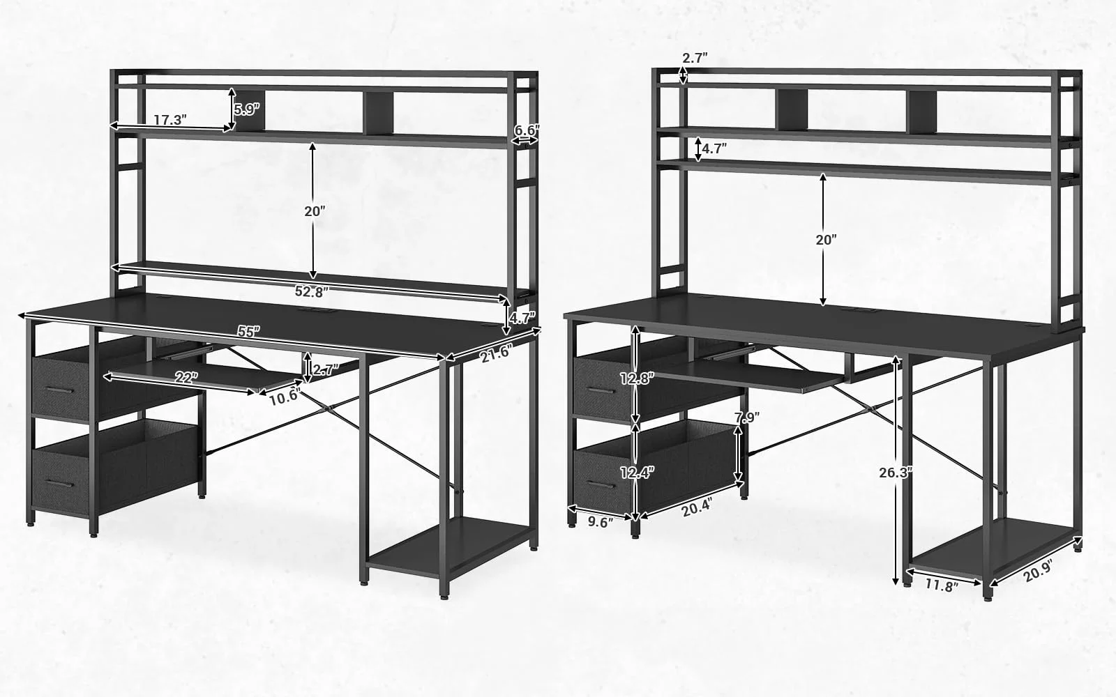 Computer Desk with LED Lights and Hutch, 55" Gaming Desk with Drawer, Power Outlet, Storage Shelves and Monitor Stand, Home Office Desk, Black