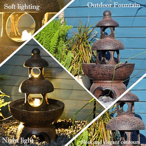 Outdoor Garden Water Fountain - Modern Tranquil Zen Pagoda Waterfalls Fountains Bowl with LED Lights & Pump for Patio Yard Porch Pool Decor, Gray, 35.5 inches