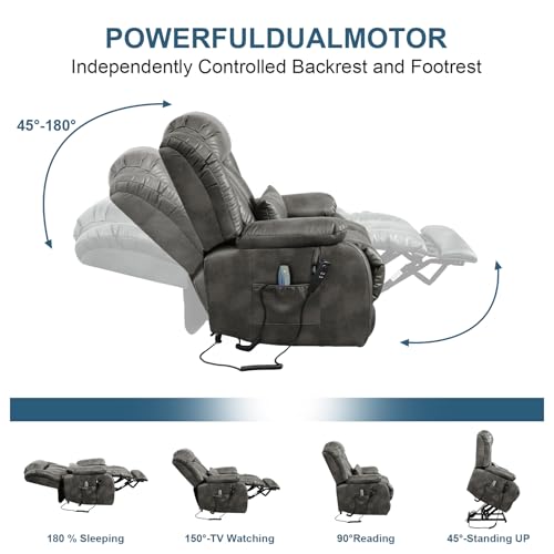 Dual Motor Power Lift Chair Lay Flat Recliner with Massage and Heat,Lift Recliner Chairs for Elderly w/Waist Pillow,USB Ports & Remote Controls,Extended Footrest,Breathable Leather (Brown)