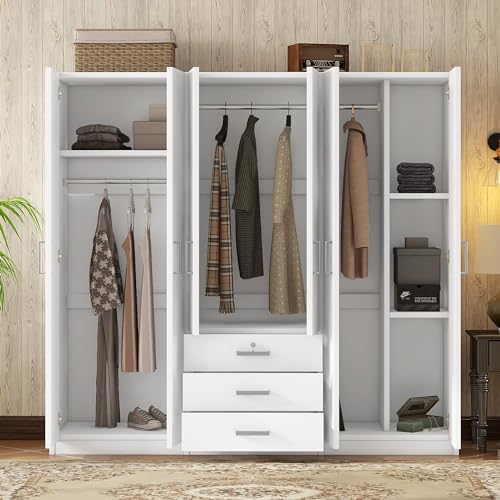 Large Wardrobe Closet 6 Doors, 70.9" W Wooden Wardrobe Cabinet with Big Drawers, Bedroom Armoire Dresser Wardrobe Clothes Organizer (Gray)