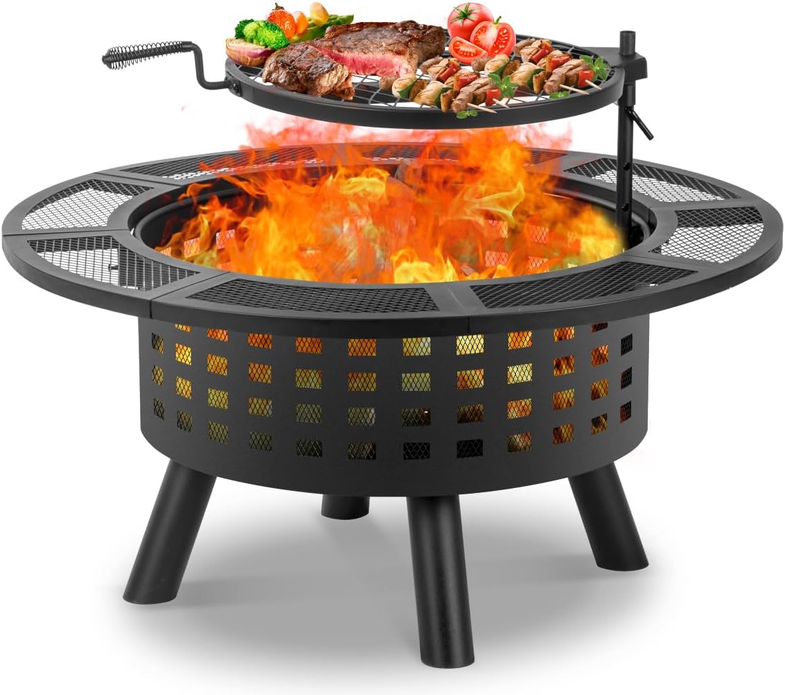 36 inch Outdoor Fire Pit with Grill, Wood Burning Firepit,for Family Gatherings Camping, Backyard, Patio,BBQ,Bonfire