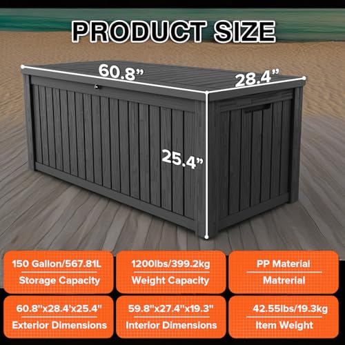 260 Gallon UV Resistant Outdoor Storage Box Waterproof, Lockable Resin Deck Box for Garden Tools, Sports Equipment and Cushions, Gray