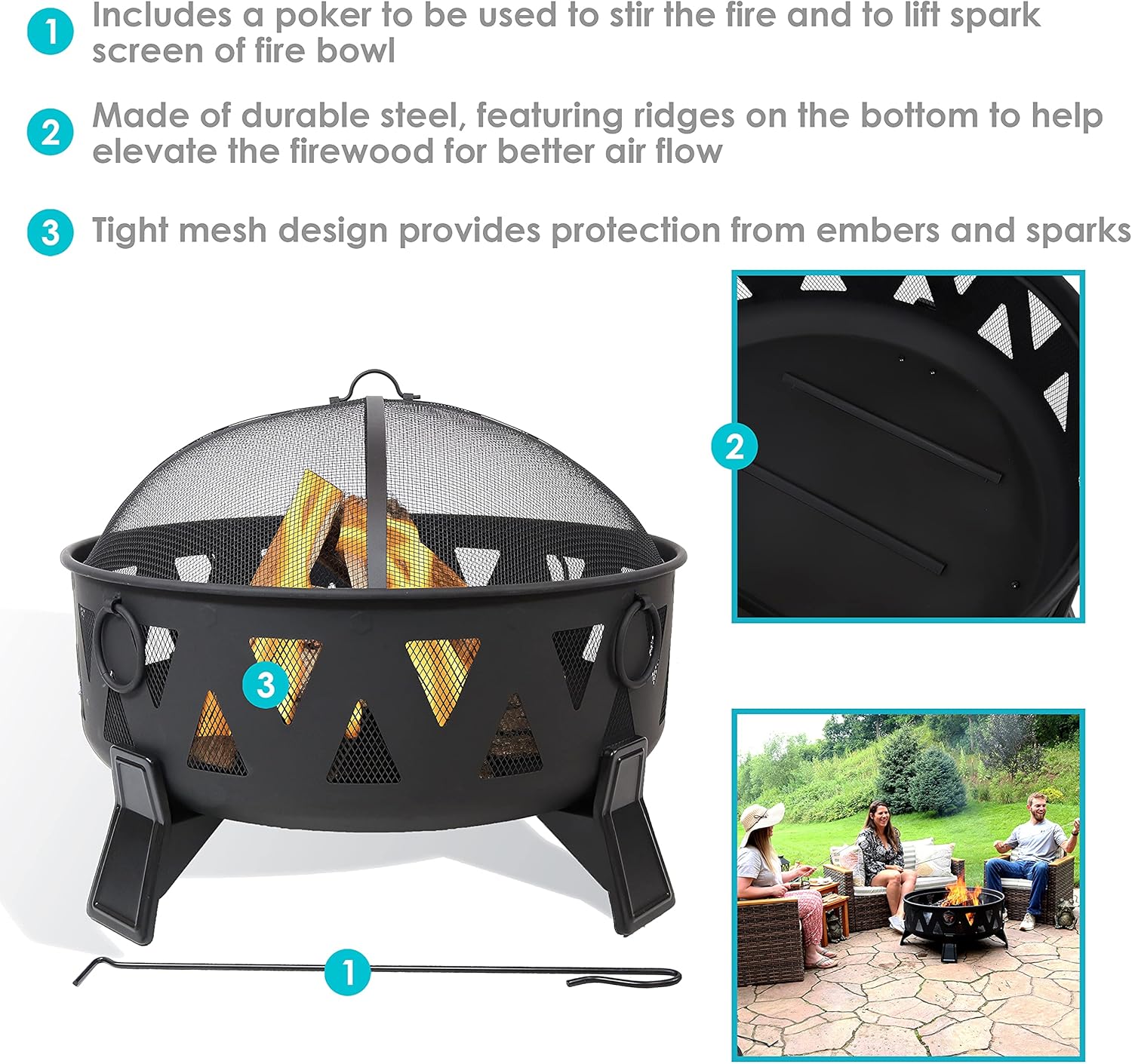 Sunnydaze 25-Inch Steel Wood-Burning Fire Pit with Mesh Stripe Cutouts - includes Poker and Spark Screen
