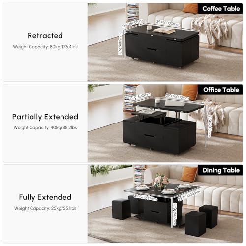 homary Black Lift-Top Coffee Table with Hidden Storage, 3-in-1 Modern Folding Center Table with 4 Stools, Casters, and Lockable Wheels – Convertible Dining & Office Table for Living Room