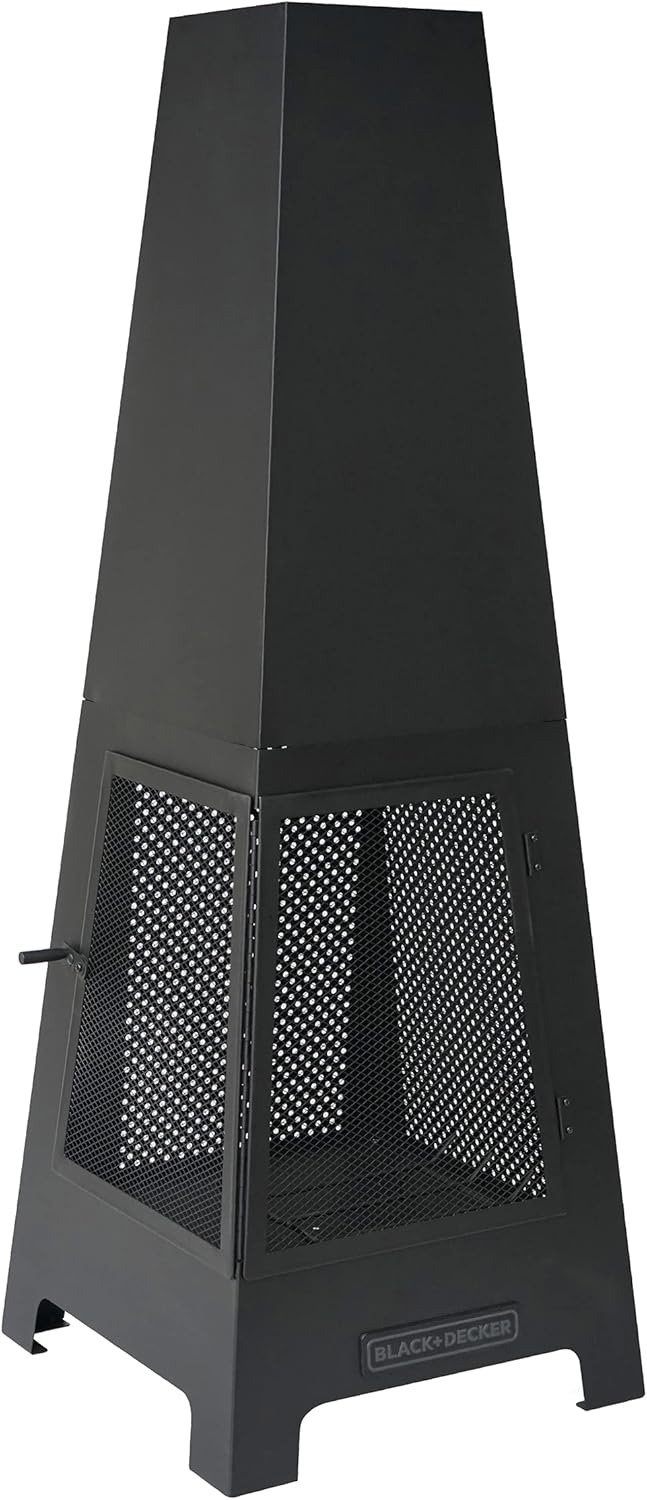 BLACK + DECKER Steel Woodburning Pyramid Chiminea Outdoor Fireplace Hinged mesh screen panel doors Black powder coated steel fire pit over 4 ft tall includes poker