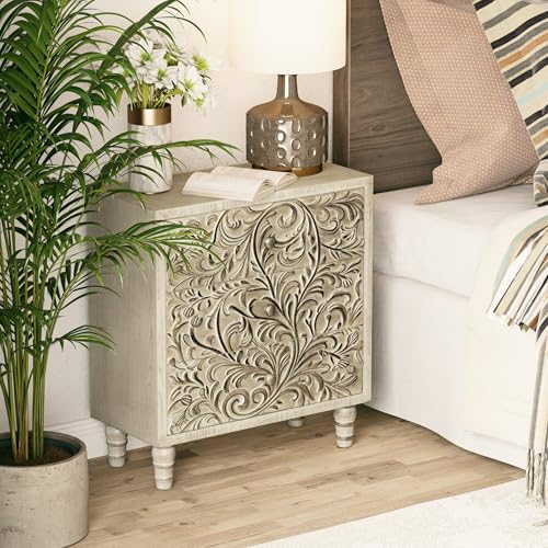 LONYKE 3 Drawer Farmhouse Dresser with Embossed Weathered Flower Motif, Vintage Nightstand for Bedroom, Fully-Assembled, Boho, Weathered White, 25''W*11.81''D*27.36''H