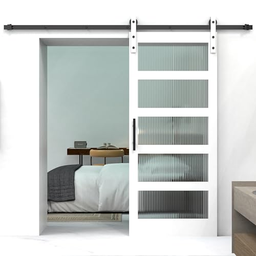 32 x 84 Inch Glass Sliding Barn Door Slab and 5.5ft Hardware Kit Included, 5 Frosted Glass, LVL Wood Panel Covered with White Water-Proof Scratch-Resistant PVC Surface, Simple DIY Assembly