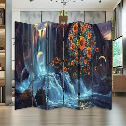 6 Panels Screen Room Divider Vibrant Stained Glass Sunflowers Ancient Stone Abbey Canvas Screen Indoor Folding Separator Freestanding Protective Wall Divider Privacy Partition