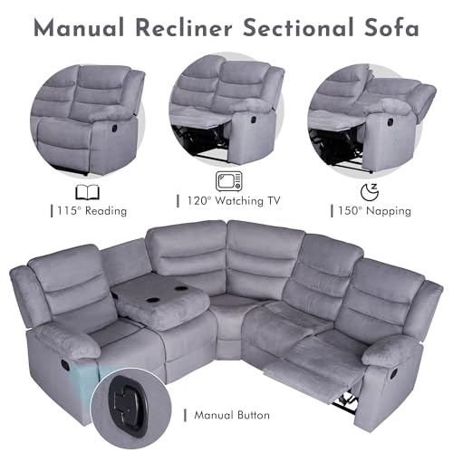 Recliner Sectional Sofa, Microfiber Manual Reclining Sectional Couch with Cup Holders, Living Room/Office (Grey)