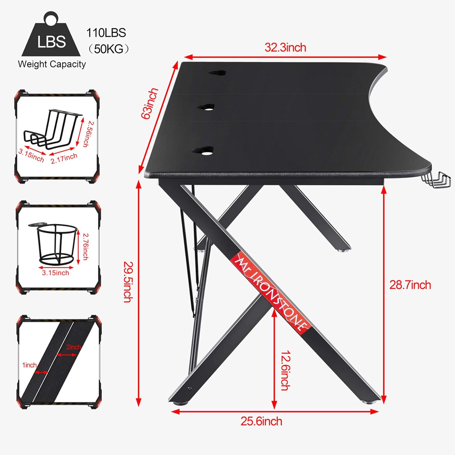 Mr IRONSTONE Large Gaming Desk 63 W x 32 D Home Office Computer Table, Black Gamer Workstation with Cup Holder, Headphone Hook and 3 Cable Management Holes