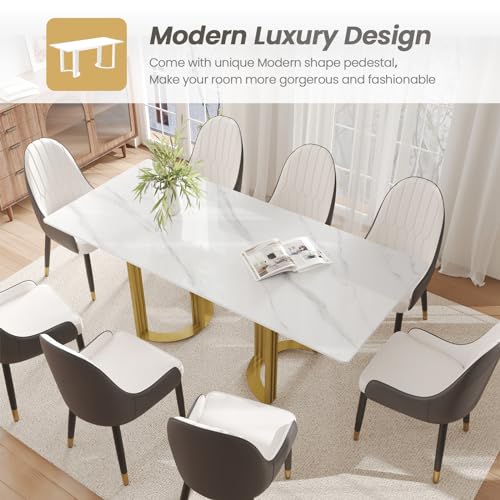 Modern Rectangle Marble Dining Table,63" White Marble Sintered Stone Top Dining Table with Gold Trestle Pedestal,Faux Marble Kitchen Dinner Table for Dining Room/Living Room/Office (Table Only)