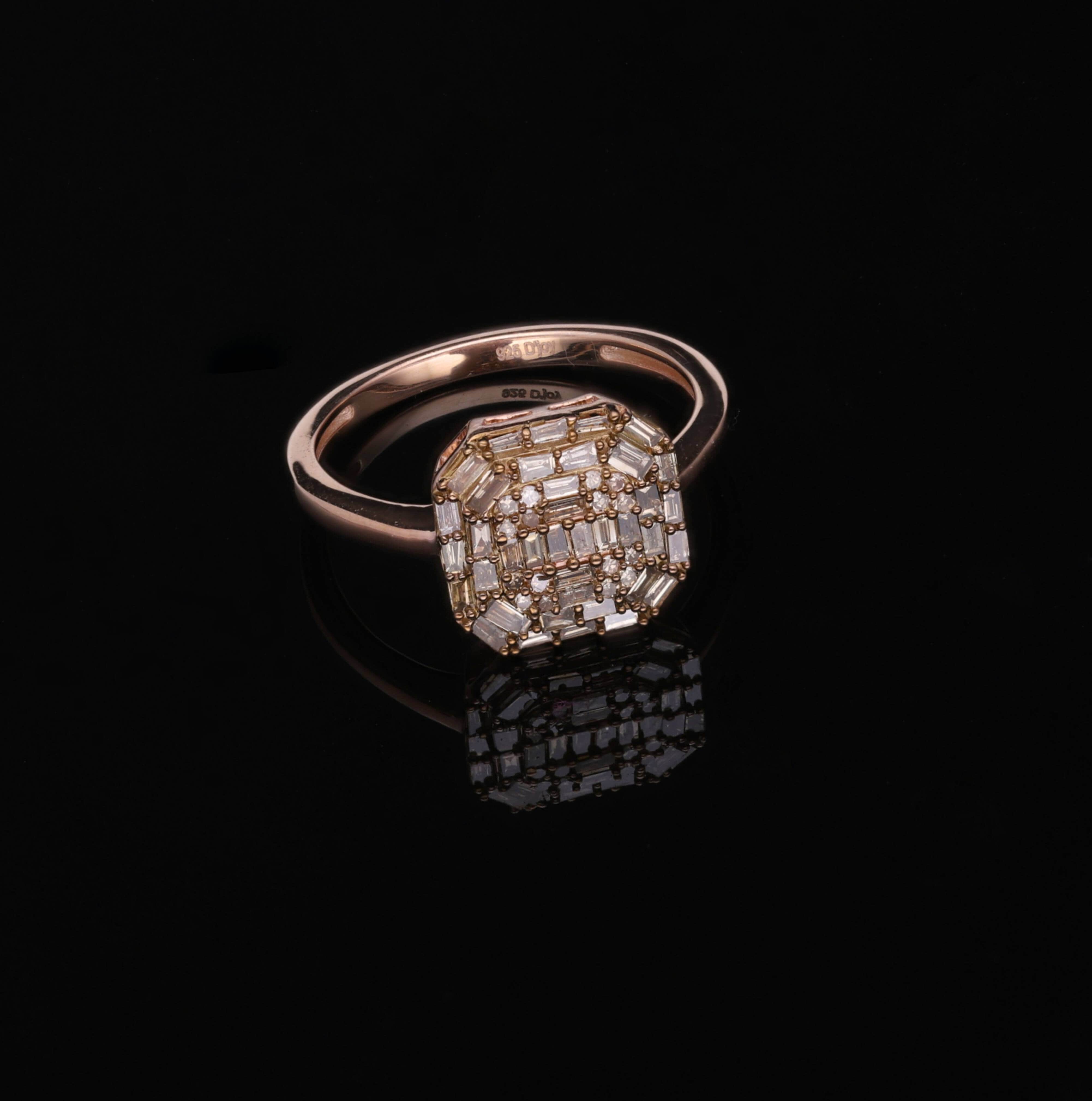SHOP LC Ct 0.5 925 Sterling Silver Baguette Natural Champagne Diamond Cluster Engagement Ring for Women Jewelry Birthday Gifts for Women Vermeil Rose Gold Plated Size 7