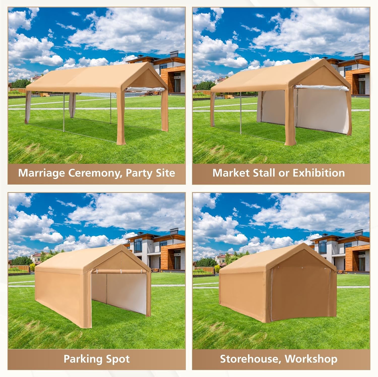 10x20ft Heavy Duty Carport Car Canopy, Portable Garage with Removable Sidewalls & Doors, UV Protected & Waterproof All-Season Tarp for SUV, Car, Truck, Boat, Beige