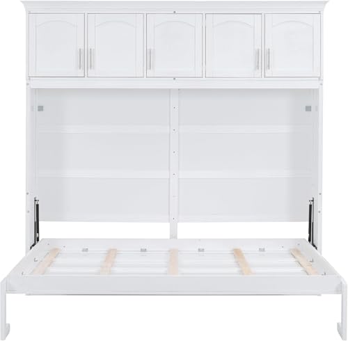 MERITLINE Queen Horizontal Murphy Bed Cabinet with Storage Bookcase Shelves and Charging Station,Wood Folding Grey Murphy Wall Bed for Adult