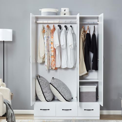3-Door Armoire Wardrobe Closet Storage, Wood 3 Drawers White Closet Cabinet for Large Capacity with Hanging Rod and Metal Handles for Tall Cabinet Closet 47.3" L x 20.3" W x 74.2" H
