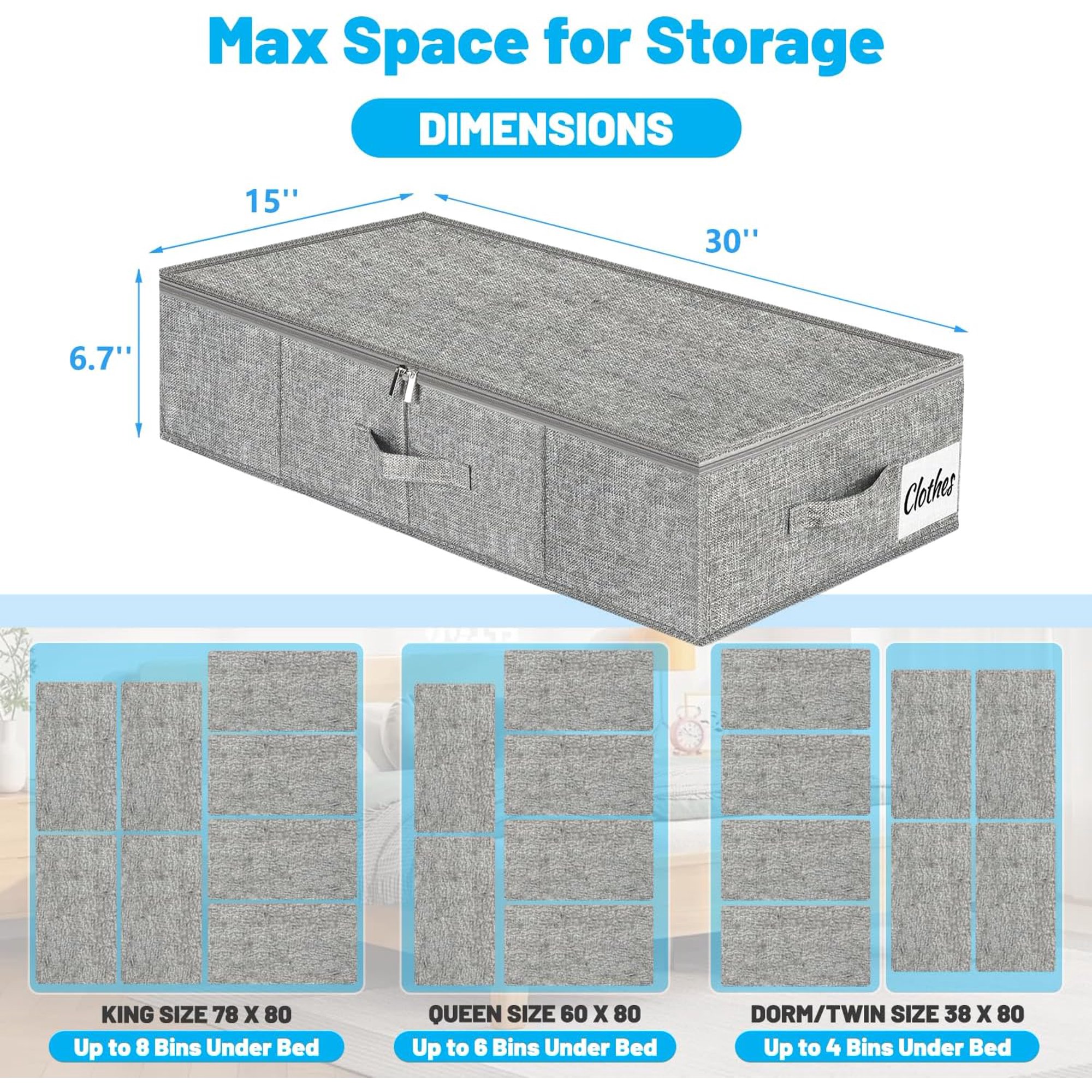 Under Bed Storage Container Bin 2 Pack, Low Profile Foldable Underbed Clothes Storage Organizer W/ Ultra Thick Fabric and Sturdy Bottom/Sides, Dual Zipper Storage Box for Dorm and Home 30x15x6.7
