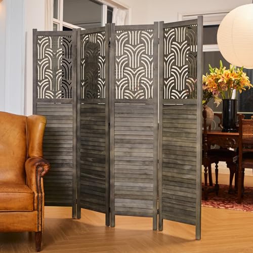 5.6 Ft Room Divider, Wood Carved Wall Divider Indoor Folding Portable Partition Screen for Home Office Garden Terrace - 4 Panel (Gray)