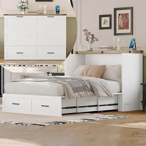 Wooden Murphy Cabinet Bed Frame with Charging Station, Full-Size Foldable Wall Bed with Large Storage Drawer for Home Apartment Limited Living Places, Space-Saving Hidden Bed No Box Spring Needed