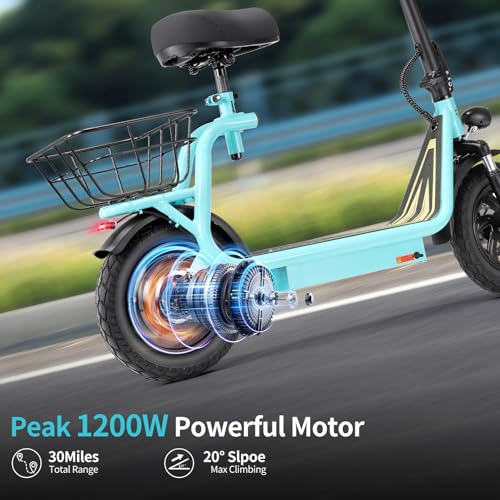 Caroma Peak 800W/1200W Electric Scooter Adults, 30 Miles Max Range, Foldable Electric Scooter with Seat, Front Suspension, Detachable Large Basket,Commuter E-Scooter for Adult and Teens