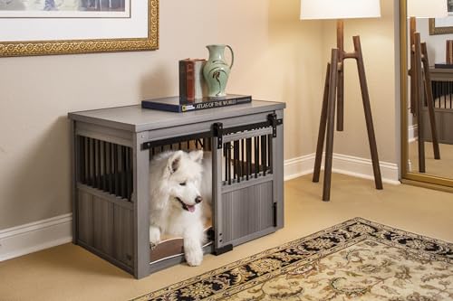 New Age Pet® ECOFLEX® Homestead Sliding Barn Door Furniture Style Dog Crate -Grey, Large (EHDBC15-05L) - Stylish, Durable, Removable Cushions, Easy to Assemble.