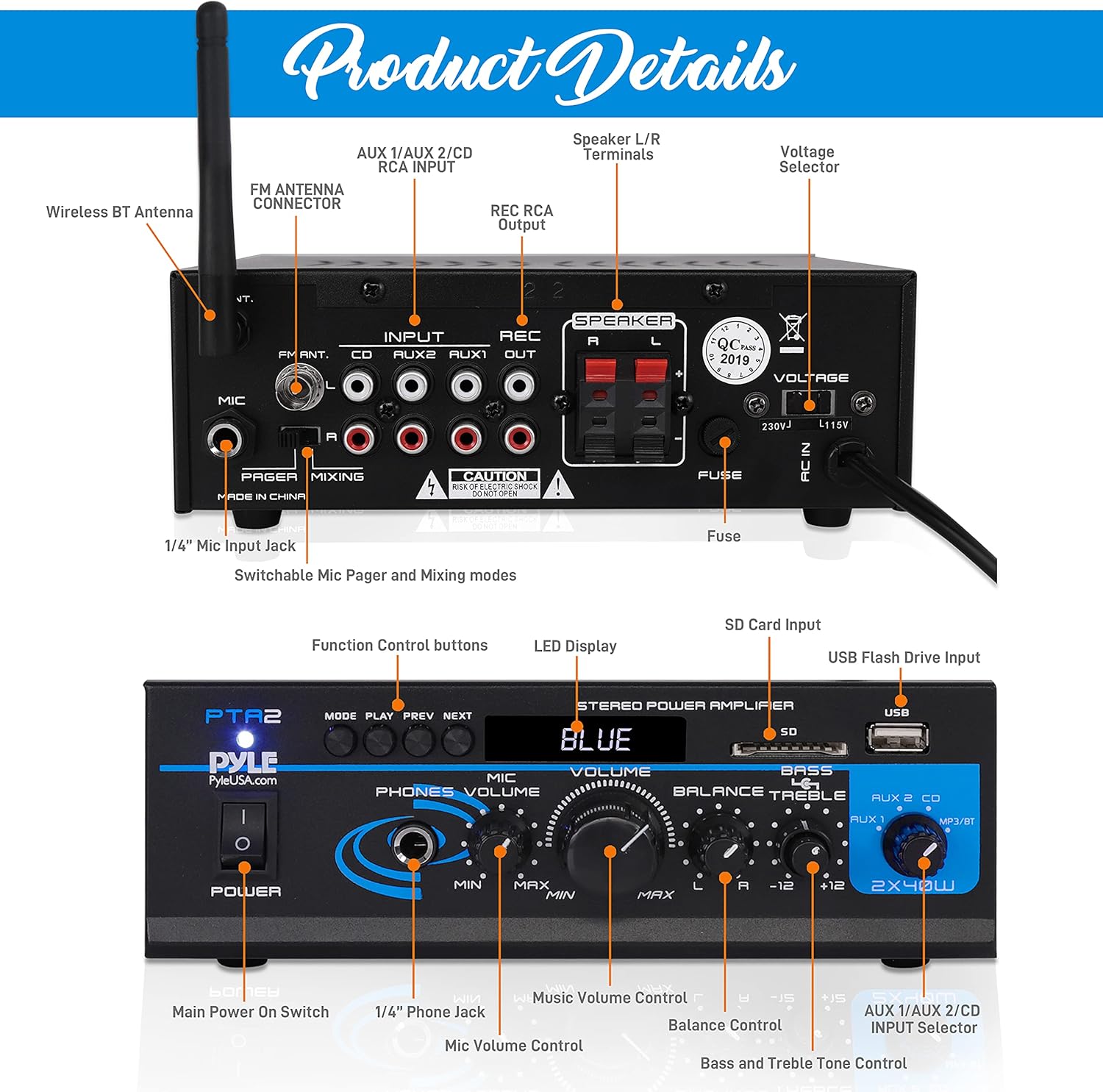 Pyle Home Audio Power Amplifier System - 2X40W Bluetooth Mini Dual Channel Mixer Sound Stereo Receiver Box w/ AUX, Mic Input - For Amplified Speakers, PA, CD Player, Theater via RCA, Studio Use - PTA2 Pack of 2